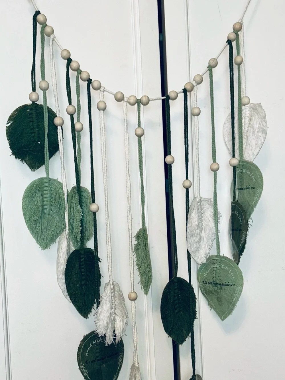Handmade Green & Cream Leaf Wall Hanging - Boho Home Holiday Decor